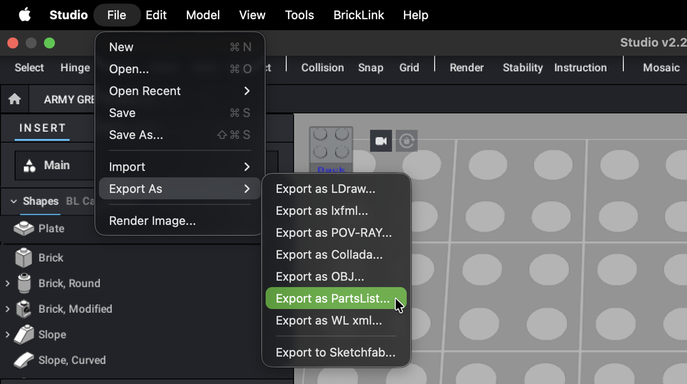 Studio's File menu, with Export As open and Export as PartsList highlighted