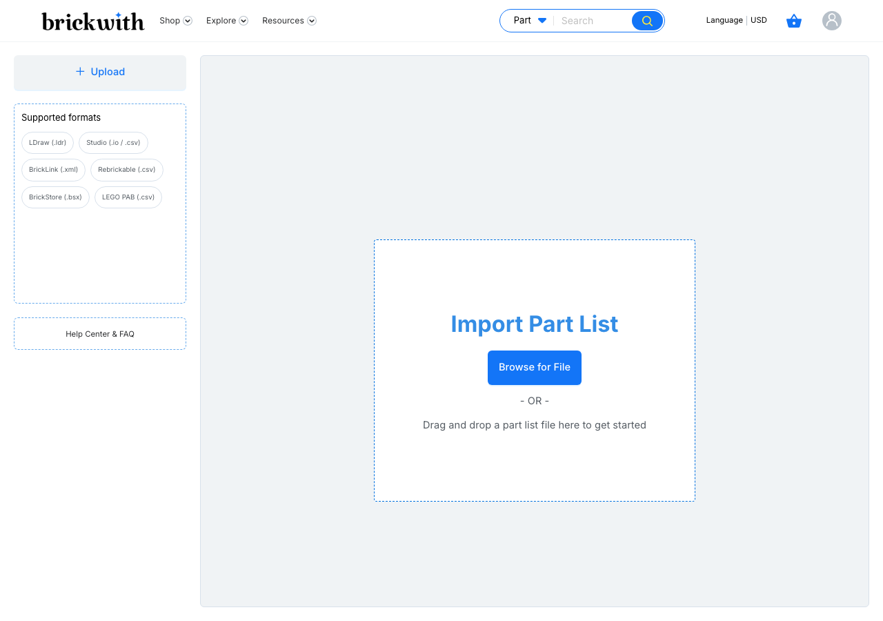 The GoBricks part list upload page