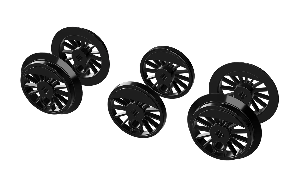 Six C&O F-11 spoked drivers, printed in black resin